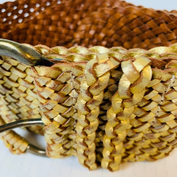 Fossil Leather Belt Metallic Gold Woven Braided Wide Womens Size M Twist Preppy - Picture 3 of 12